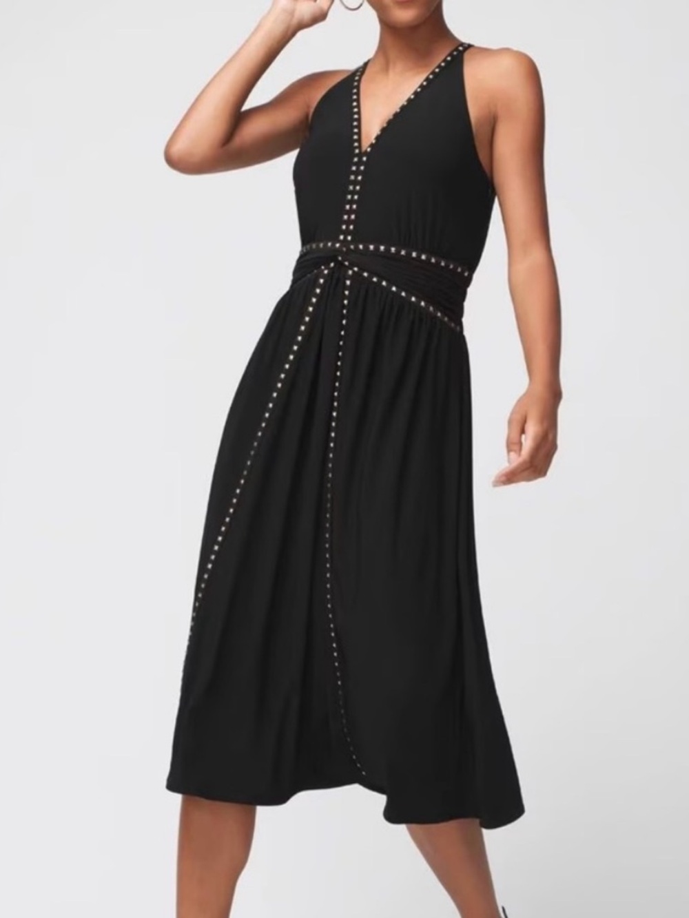 New White House Black Market Black Midi Dress with Gold Stud Accents fit & flare